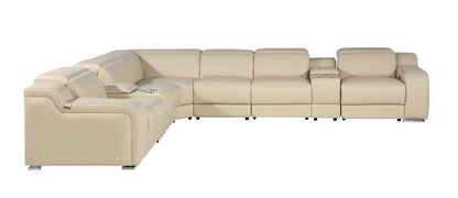 Beige Italian Leather Power Reclining L Shaped Seven Piece Corner Sectional With Console HomeRoots