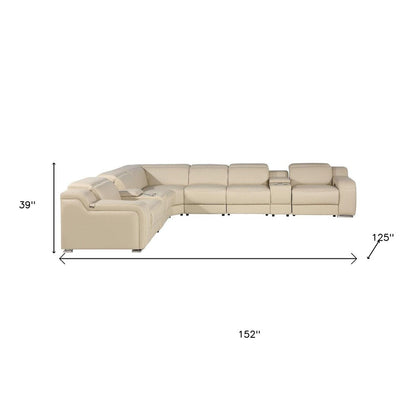 Beige Italian Leather Power Reclining L Shaped Seven Piece Corner Sectional With Console HomeRoots