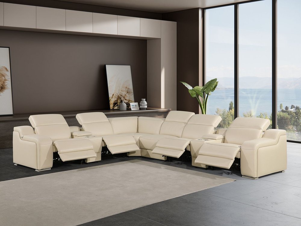 Beige Italian Leather Power Reclining Curved Eight Piece Corner Sectional With Console HomeRoots