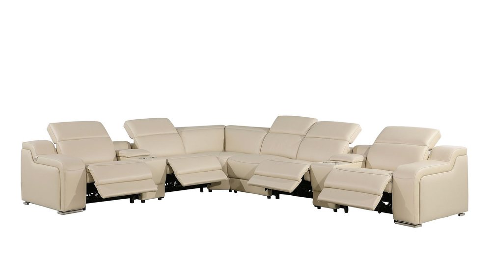 Beige Italian Leather Power Reclining L Shaped Eight Piece Corner Sectional With Console HomeRoots