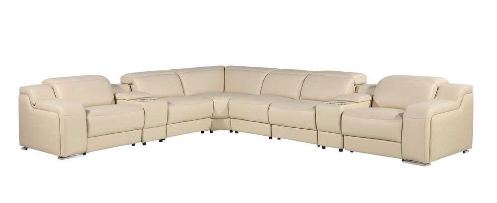 Beige Italian Leather Power Reclining L Shaped Eight Piece Corner Sectional With Console HomeRoots