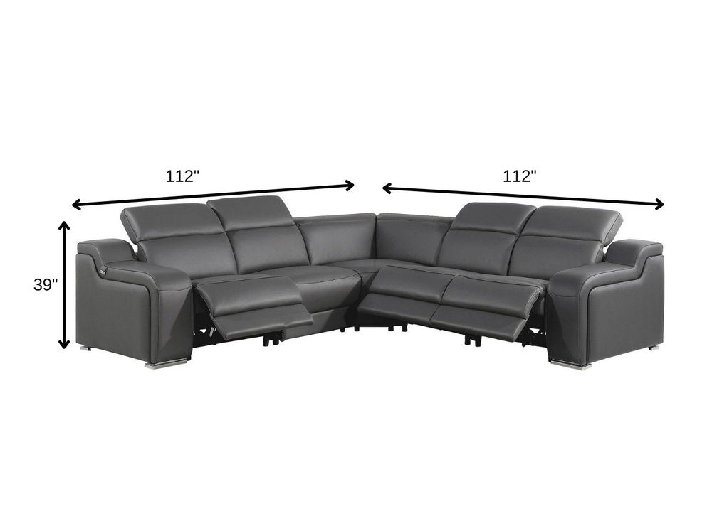Dark Gray Italian Leather Power Reclining L Shaped Five Piece Corner Sectional HomeRoots