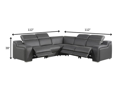 Dark Gray Italian Leather Power Reclining L Shaped Five Piece Corner Sectional HomeRoots