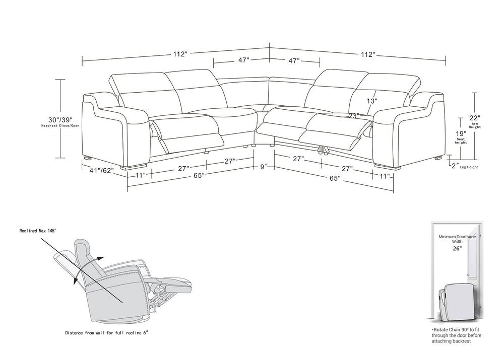 Dark Gray Italian Leather Power Reclining L Shaped Five Piece Corner Sectional HomeRoots