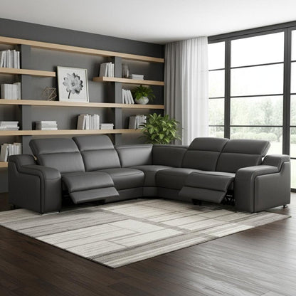 Dark Gray Italian Leather Power Reclining L Shaped Five Piece Corner Sectional HomeRoots