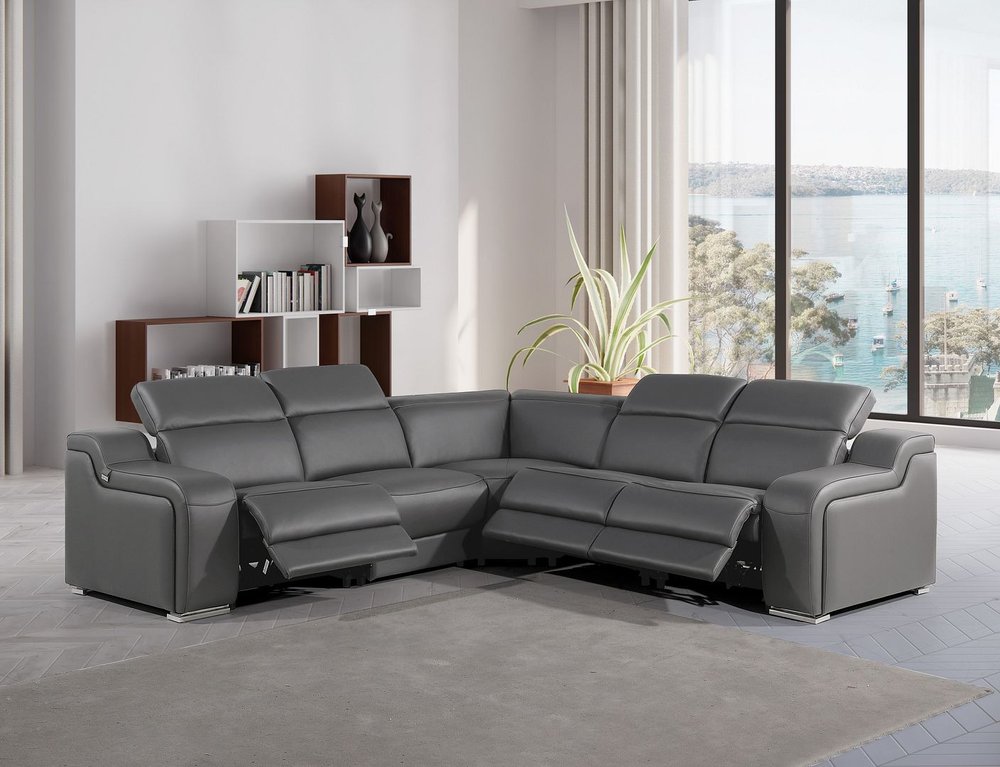 Dark Gray Italian Leather Power Reclining L Shaped Five Piece Corner Sectional HomeRoots