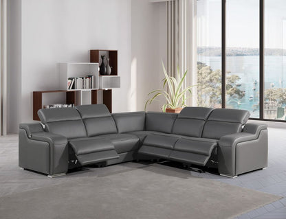 Dark Gray Italian Leather Power Reclining L Shaped Five Piece Corner Sectional HomeRoots