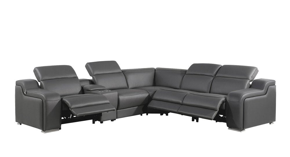 Dark Gray Italian Leather Power Reclining L Shaped Six Piece Corner Sectional With Console HomeRoots
