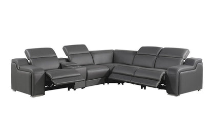 Dark Gray Italian Leather Power Reclining L Shaped Six Piece Corner Sectional With Console HomeRoots