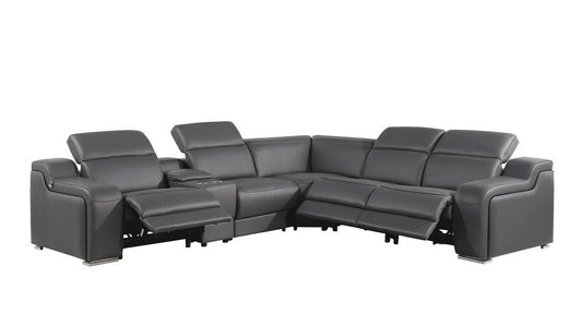 Dark Gray Italian Leather Power Reclining L Shaped Six Piece Corner Sectional With Console HomeRoots