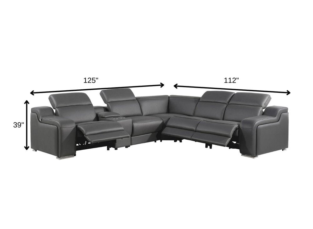 Dark Gray Italian Leather Power Reclining L Shaped Six Piece Corner Sectional With Console HomeRoots