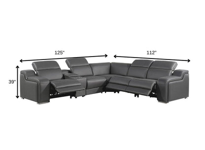 Dark Gray Italian Leather Power Reclining L Shaped Six Piece Corner Sectional With Console HomeRoots