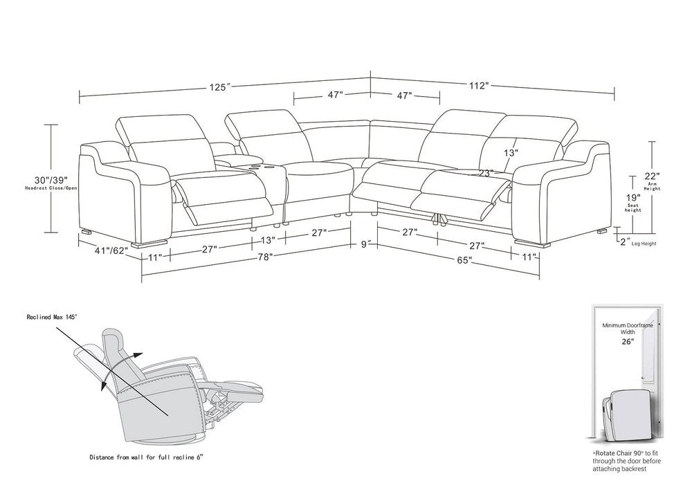 Dark Gray Italian Leather Power Reclining L Shaped Six Piece Corner Sectional With Console HomeRoots