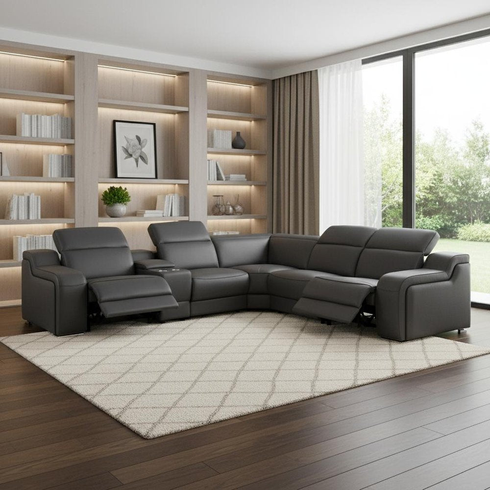 Dark Gray Italian Leather Power Reclining L Shaped Six Piece Corner Sectional With Console HomeRoots