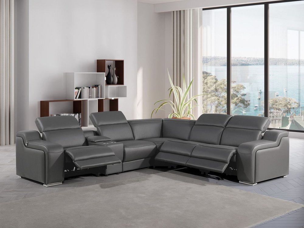 Dark Gray Italian Leather Power Reclining L Shaped Six Piece Corner Sectional With Console HomeRoots