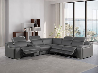 Dark Gray Italian Leather Power Reclining L Shaped Six Piece Corner Sectional With Console HomeRoots