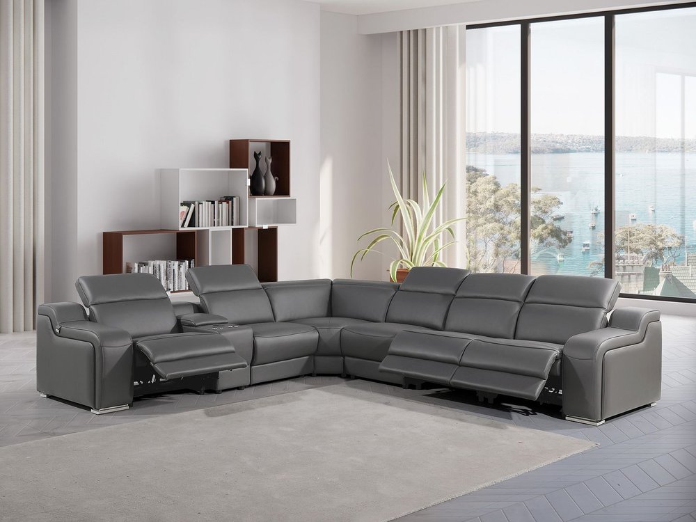 Gray Italian Leather Power Reclining Curved Seven Piece Corner Sectional With Console HomeRoots