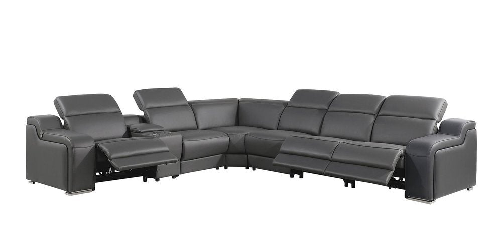 Dark Gray Italian Leather Power Reclining L Shaped Seven Piece Corner Sectional With Console HomeRoots