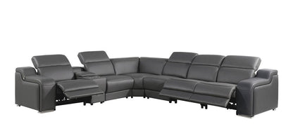 Dark Gray Italian Leather Power Reclining L Shaped Seven Piece Corner Sectional With Console HomeRoots