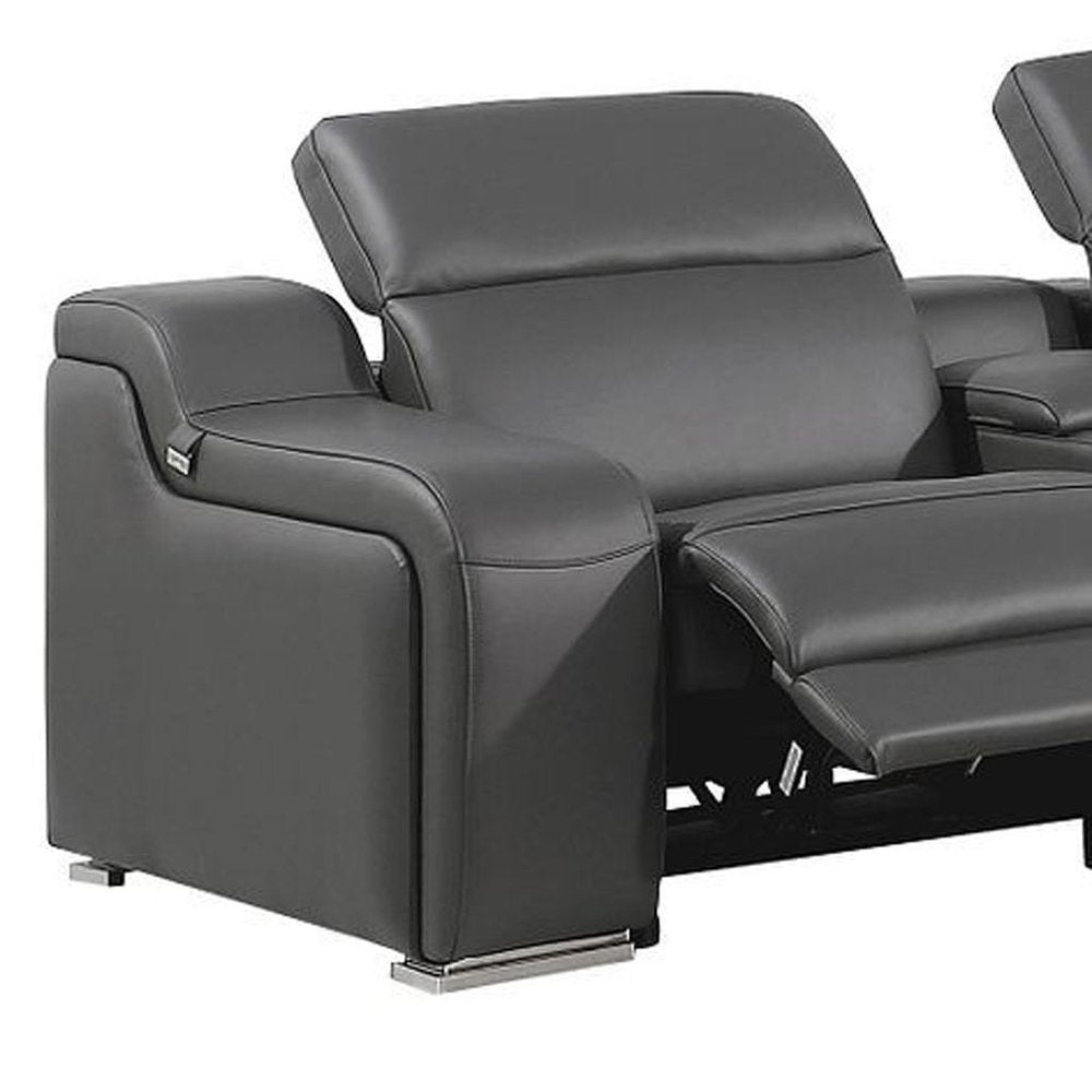 Dark Gray Italian Leather Power Reclining L Shaped Seven Piece Corner Sectional With Console HomeRoots