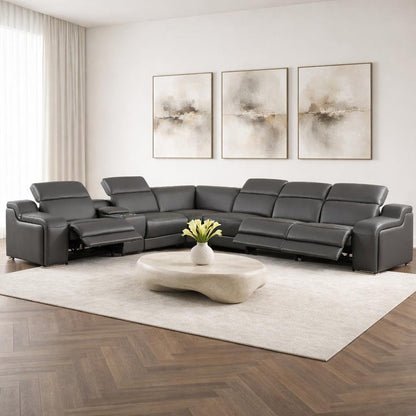 Dark Gray Italian Leather Power Reclining L Shaped Seven Piece Corner Sectional With Console HomeRoots