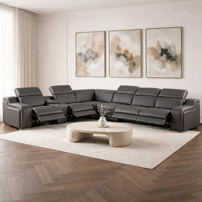Dark Gray Italian Leather Power Reclining L Shaped Seven Piece Corner Sectional With Console HomeRoots