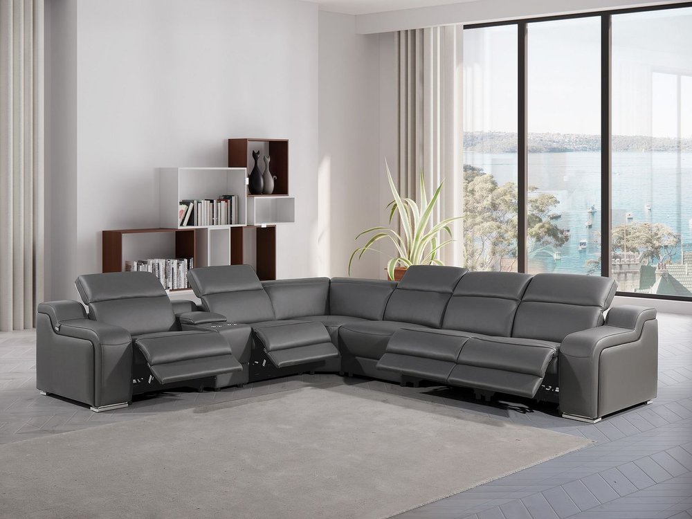 Gray Italian Leather Power Reclining Curved Seven Piece Corner Sectional With Console HomeRoots