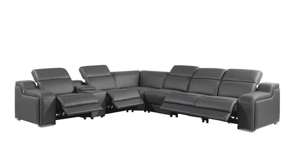 Dark Gray Italian Leather Power Reclining L Shaped Seven Piece Corner Sectional With Console HomeRoots