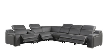 Dark Gray Italian Leather Power Reclining L Shaped Seven Piece Corner Sectional With Console HomeRoots