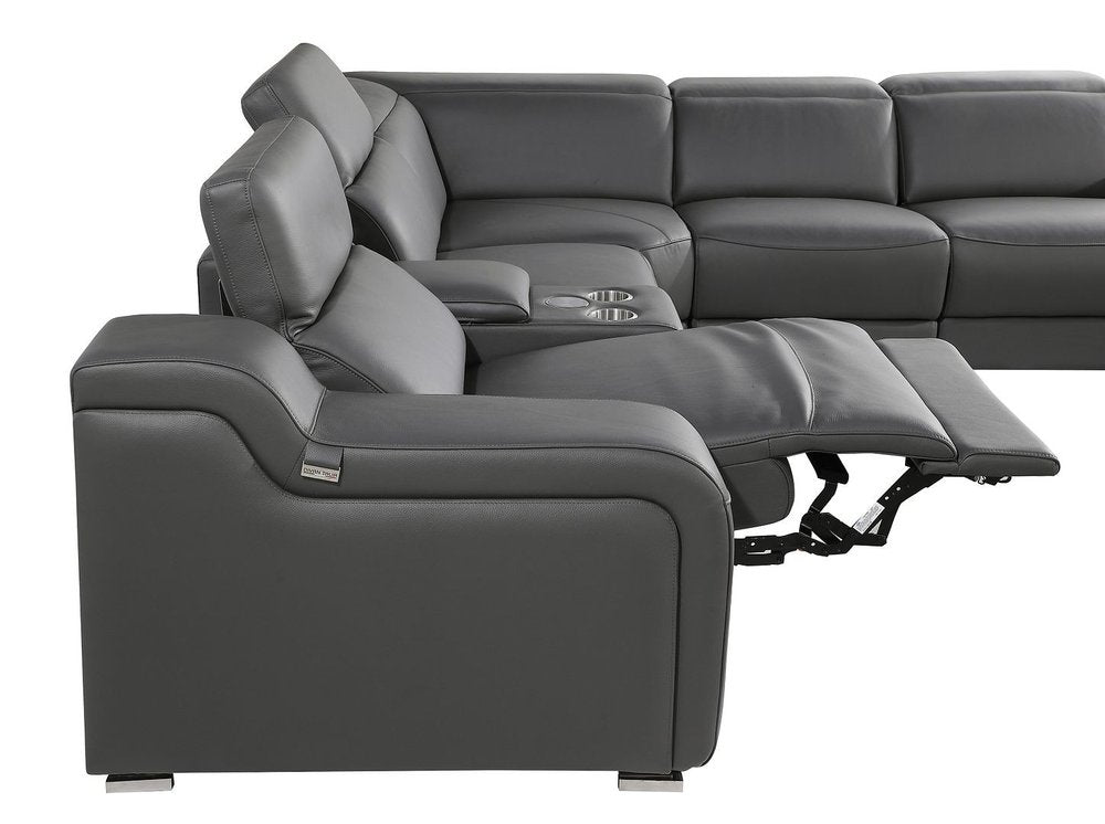 Dark Gray Italian Leather Power Reclining L Shaped Seven Piece Corner Sectional With Console HomeRoots