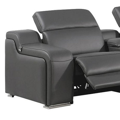 Dark Gray Italian Leather Power Reclining L Shaped Seven Piece Corner Sectional With Console HomeRoots