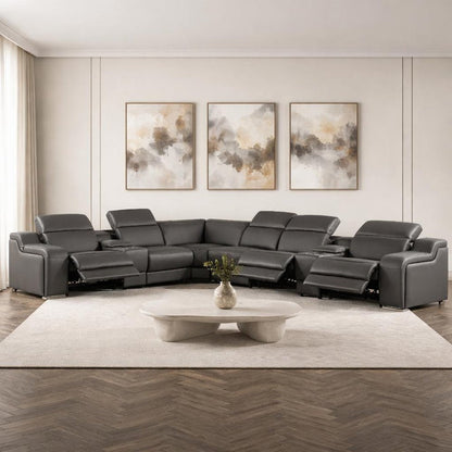 Dark Gray Italian Leather Power Reclining L Shaped Eight Piece Corner Sectional With Console HomeRoots
