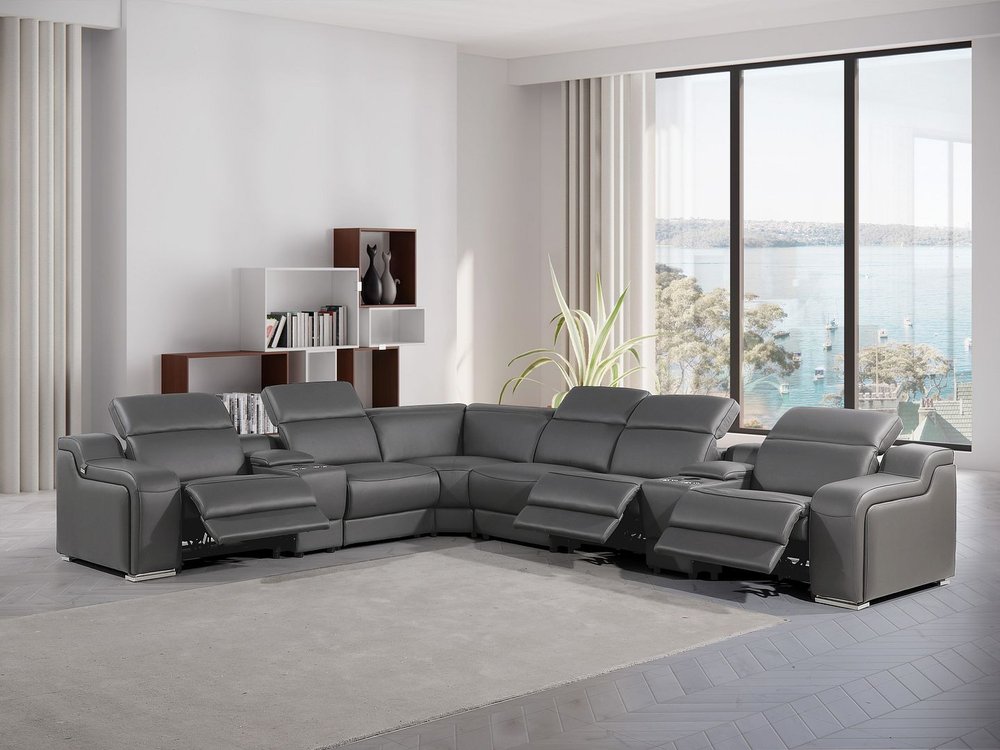 Gray Italian Leather Power Reclining Curved Eight Piece Corner Sectional With Console HomeRoots