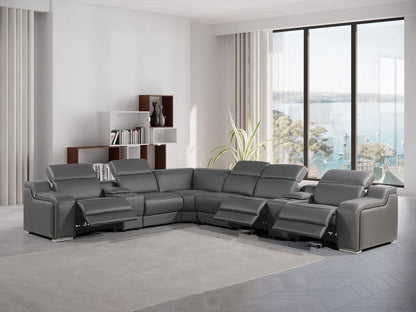 Gray Italian Leather Power Reclining Curved Eight Piece Corner Sectional With Console HomeRoots