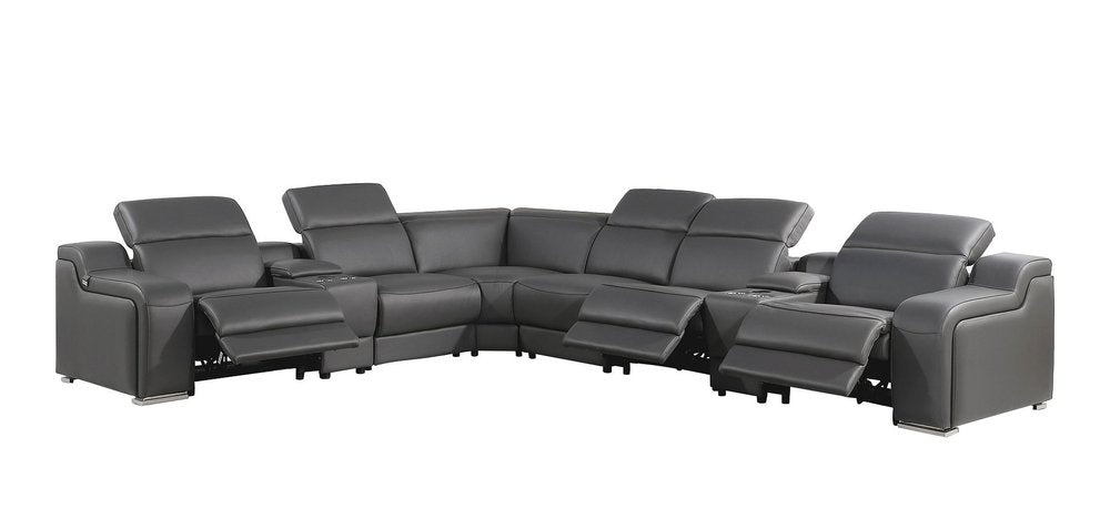 Dark Gray Italian Leather Power Reclining L Shaped Eight Piece Corner Sectional With Console HomeRoots