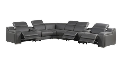 Dark Gray Italian Leather Power Reclining L Shaped Eight Piece Corner Sectional With Console HomeRoots