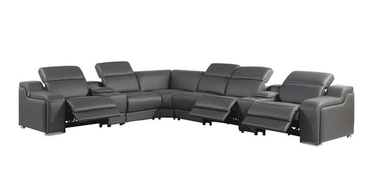 Dark Gray Italian Leather Power Reclining L Shaped Eight Piece Corner Sectional With Console HomeRoots