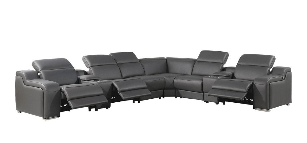 Dark Gray Italian Leather Power Reclining L Shaped Eight Piece Corner Sectional With Console HomeRoots