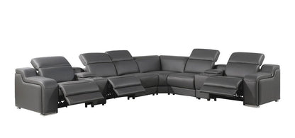 Dark Gray Italian Leather Power Reclining L Shaped Eight Piece Corner Sectional With Console HomeRoots