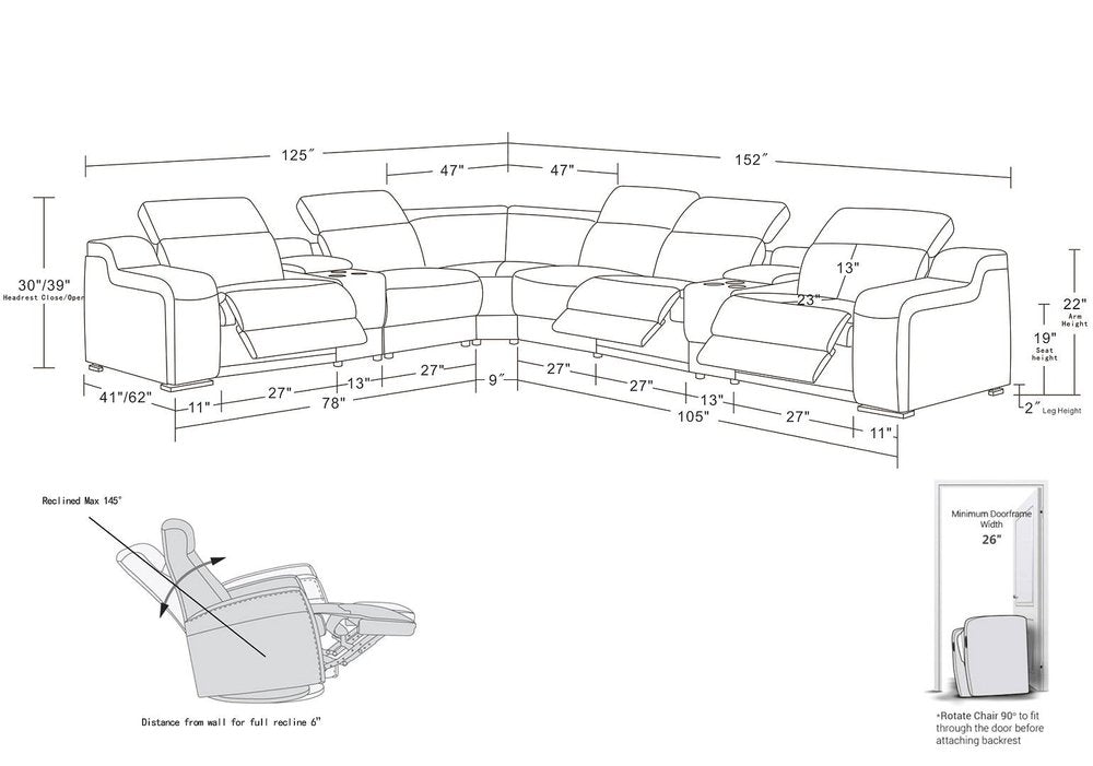 Gray Italian Leather Power Reclining Curved Eight Piece Corner Sectional With Console HomeRoots