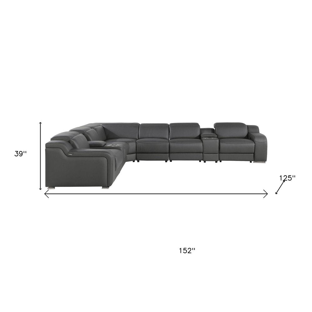Dark Gray Italian Leather Power Reclining L Shaped Eight Piece Corner Sectional With Console HomeRoots