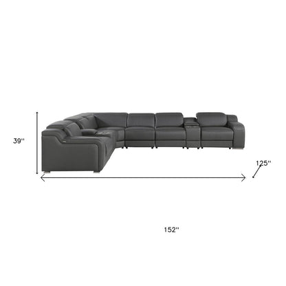 Dark Gray Italian Leather Power Reclining L Shaped Eight Piece Corner Sectional With Console HomeRoots