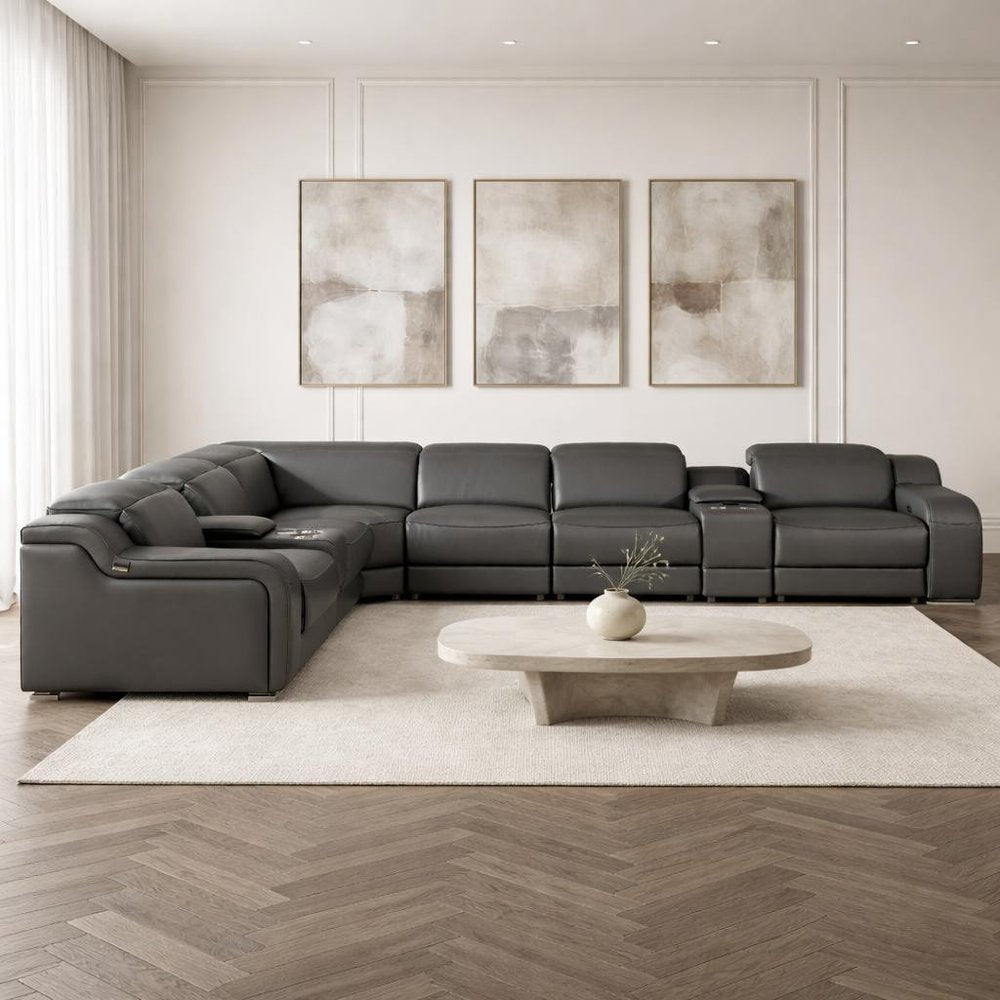 Dark Gray Italian Leather Power Reclining L Shaped Eight Piece Corner Sectional With Console HomeRoots