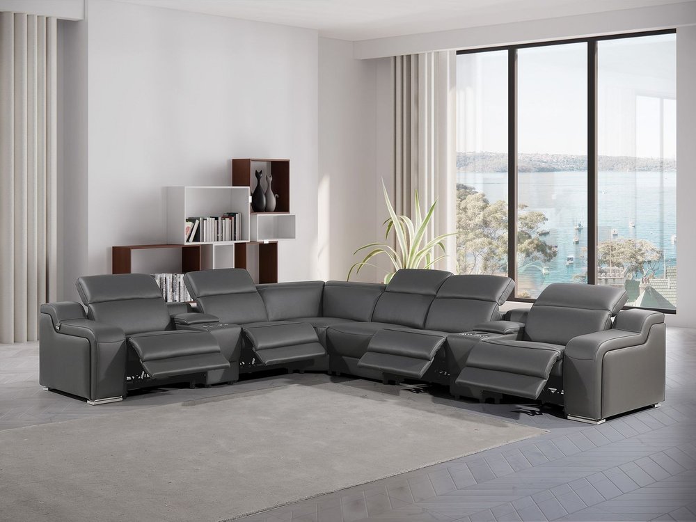 Gray Italian Leather Power Reclining Curved Eight Piece Corner Sectional With Console HomeRoots