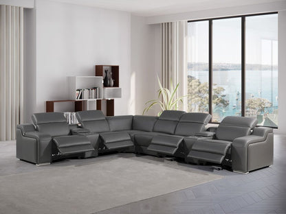 Gray Italian Leather Power Reclining Curved Eight Piece Corner Sectional With Console HomeRoots
