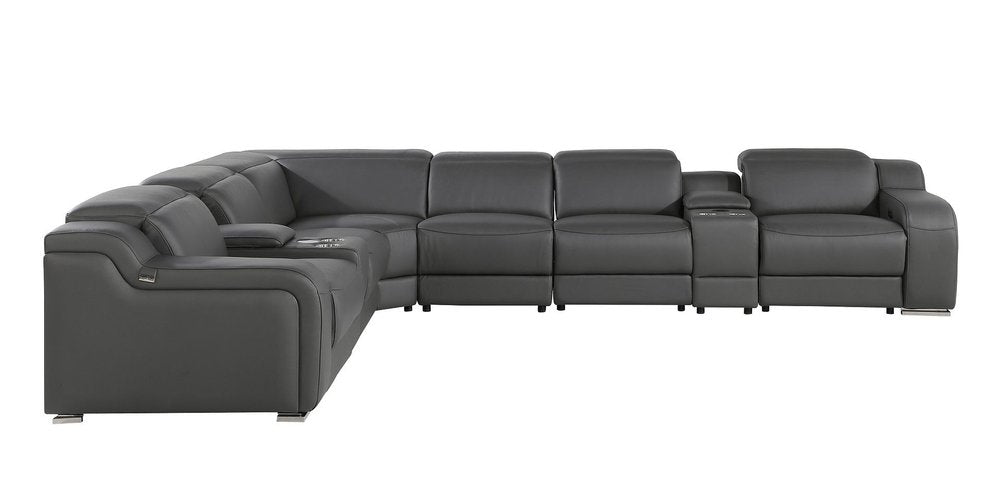 Dark Gray Italian Leather Power Reclining L Shaped Eight Piece Corner Sectional With Console HomeRoots
