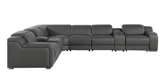 Dark Gray Italian Leather Power Reclining L Shaped Eight Piece Corner Sectional With Console HomeRoots