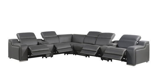 Dark Gray Italian Leather Power Reclining L Shaped Eight Piece Corner Sectional With Console HomeRoots