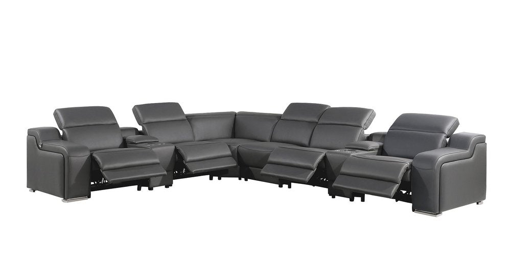Dark Gray Italian Leather Power Reclining L Shaped Eight Piece Corner Sectional With Console HomeRoots