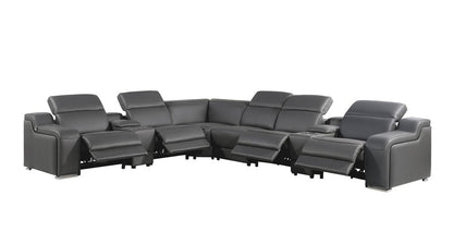 Dark Gray Italian Leather Power Reclining L Shaped Eight Piece Corner Sectional With Console HomeRoots